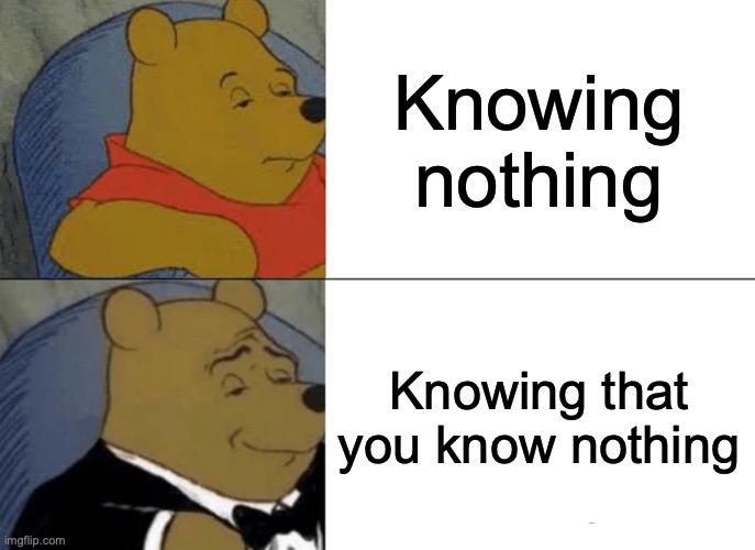 Socrates | Knowing nothing; Knowing that you know nothing | image tagged in memes,tuxedo winnie the pooh,philosophy,socrates | made w/ Imgflip meme maker