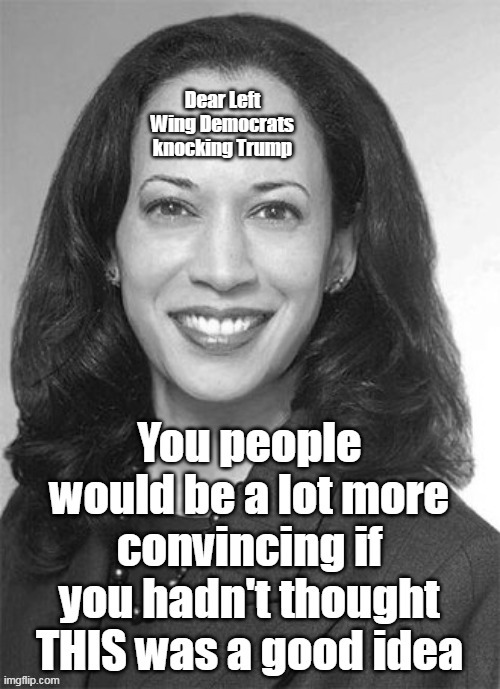 Not a forehead    A fivehead | Dear Left Wing Democrats knocking Trump | image tagged in kamala convincing meme | made w/ Imgflip meme maker