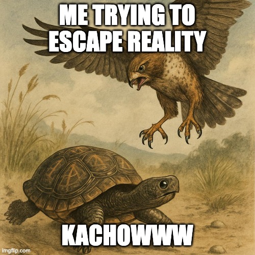 Kachow | ME TRYING TO ESCAPE REALITY; KACHOWWW | image tagged in turtle,escape | made w/ Imgflip meme maker