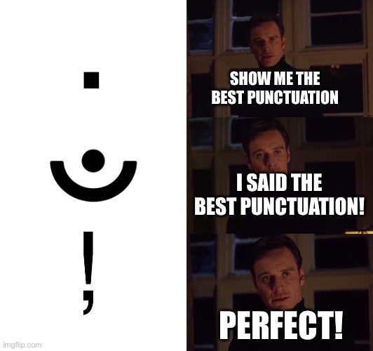 period, friendly period, exclamation comma | . SHOW ME THE BEST PUNCTUATION; I SAID THE BEST PUNCTUATION! PERFECT! | image tagged in perfection,punctuation,memes,funny,new idea,fun | made w/ Imgflip meme maker