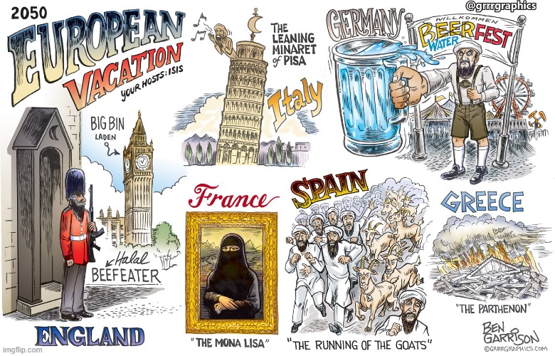 2015 version: 2050 European Vacation - Ben Garrison | image tagged in ben garrison,europe,radical islam,sharia law,us constitution,freedom | made w/ Imgflip meme maker