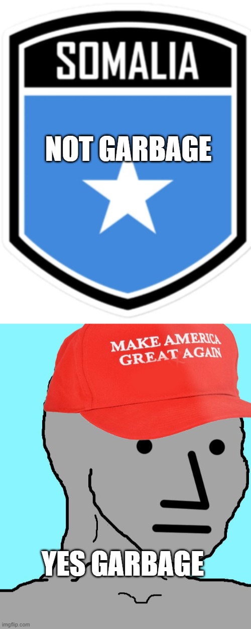 Simple logic | NOT GARBAGE; YES GARBAGE | image tagged in somalia,maga npc,end racism | made w/ Imgflip meme maker
