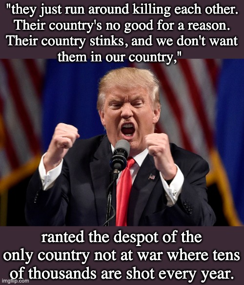 Crazy Trump | "they just run around killing each other.
Their country's no good for a reason.
Their country stinks, and we don't want
them in our country, | image tagged in crazy trump | made w/ Imgflip meme maker
