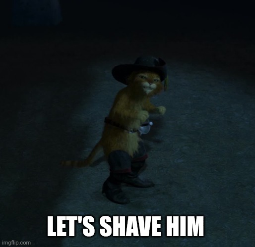 Shave him | LET'S SHAVE HIM | image tagged in puss in boots | made w/ Imgflip meme maker