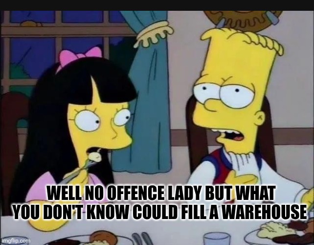 Bart meme | WELL NO OFFENCE LADY BUT WHAT YOU DON'T KNOW COULD FILL A WAREHOUSE | image tagged in simpsons | made w/ Imgflip meme maker