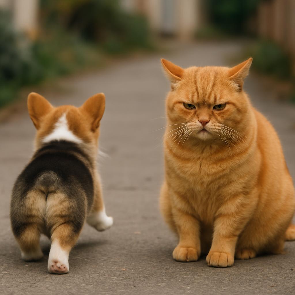 Corgi Puppy walking away from grumpy cat Blank Meme Template