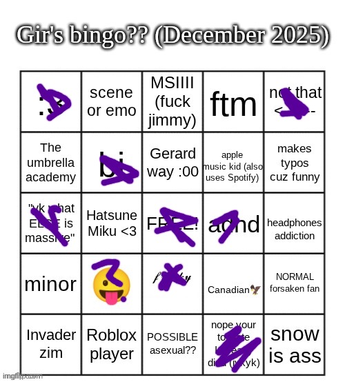 gir bingo December 2025 | image tagged in gir bingo december 2025 | made w/ Imgflip meme maker