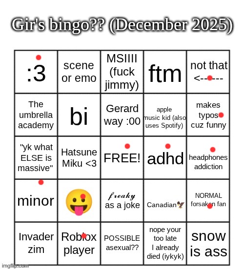 gir bingo December 2025 | image tagged in gir bingo december 2025 | made w/ Imgflip meme maker