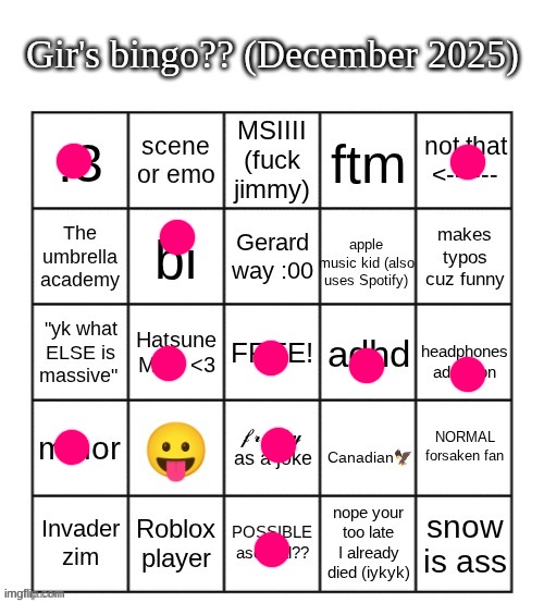 gir bingo December 2025 | image tagged in gir bingo december 2025 | made w/ Imgflip meme maker