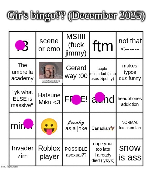 gir bingo December 2025 | image tagged in gir bingo december 2025 | made w/ Imgflip meme maker
