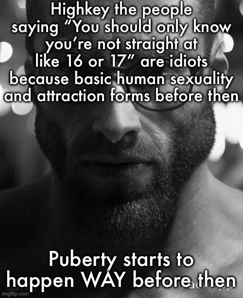 Like I couldn’t just stop liking males or smth at 13 years old | Highkey the people saying “You should only know you’re not straight at like 16 or 17” are idiots because basic human sexuality and attraction forms before then; Puberty starts to happen WAY before then | image tagged in gigachad staring with glasses | made w/ Imgflip meme maker
