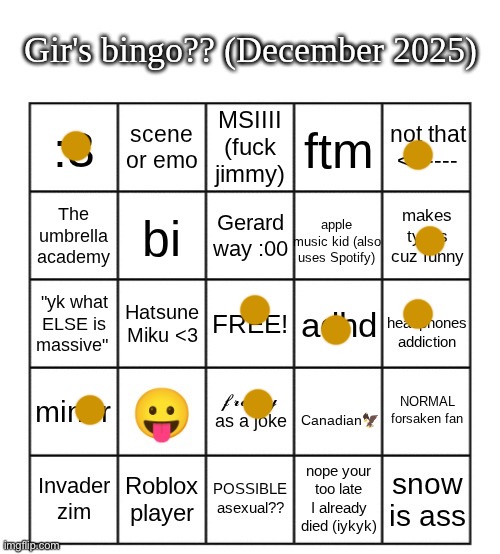 gir bingo December 2025 | image tagged in gir bingo december 2025 | made w/ Imgflip meme maker