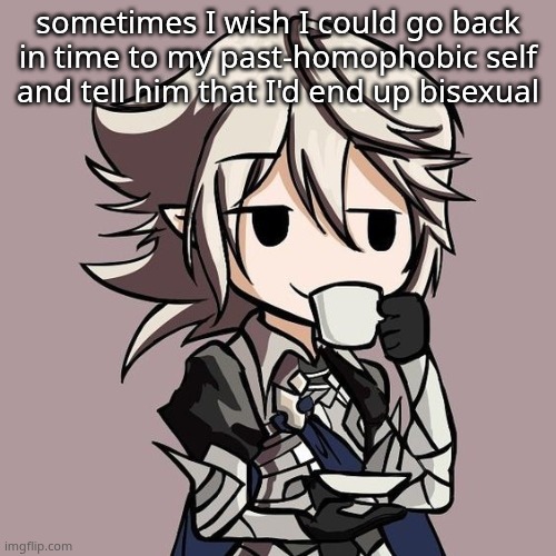 male Corrin sipping tea | sometimes I wish I could go back in time to my past-homophobic self and tell him that I'd end up bisexual | image tagged in male corrin sipping tea | made w/ Imgflip meme maker