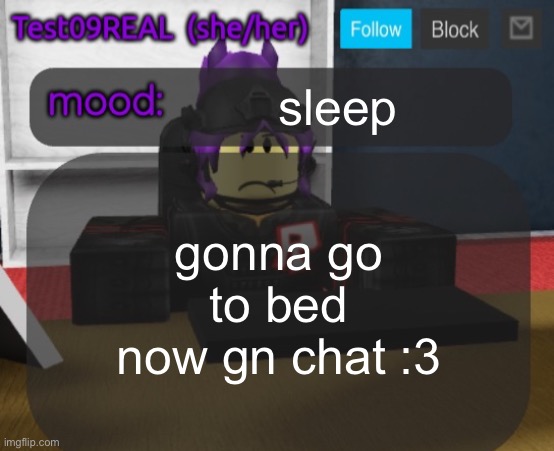 Test09 Jane Doe temp v2 | sleep; gonna go to bed now gn chat :3 | image tagged in test09 jane doe temp v2 | made w/ Imgflip meme maker