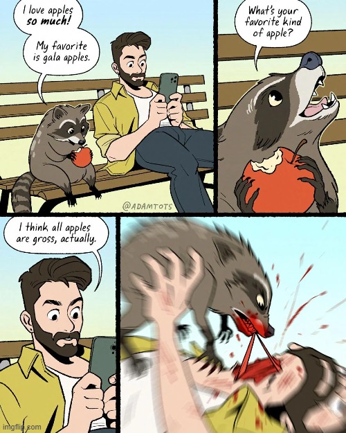 image tagged in racoon,apple,apples,blood,ouch,wtf | made w/ Imgflip meme maker