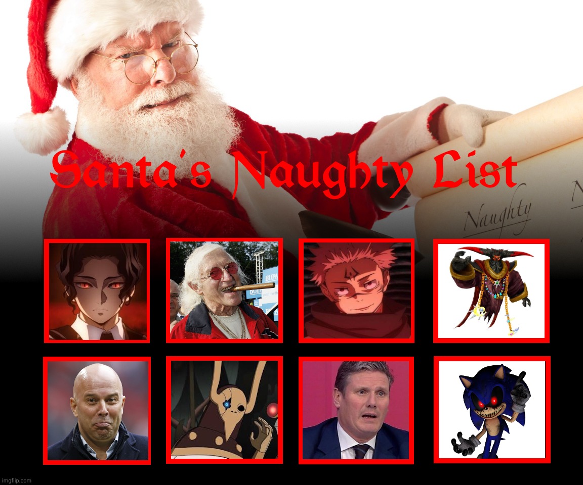 My another Santa's Naughty List but it's 2025 | image tagged in muzan,jimmy savile,sukuna,belos,sonic exe,naughty list | made w/ Imgflip meme maker