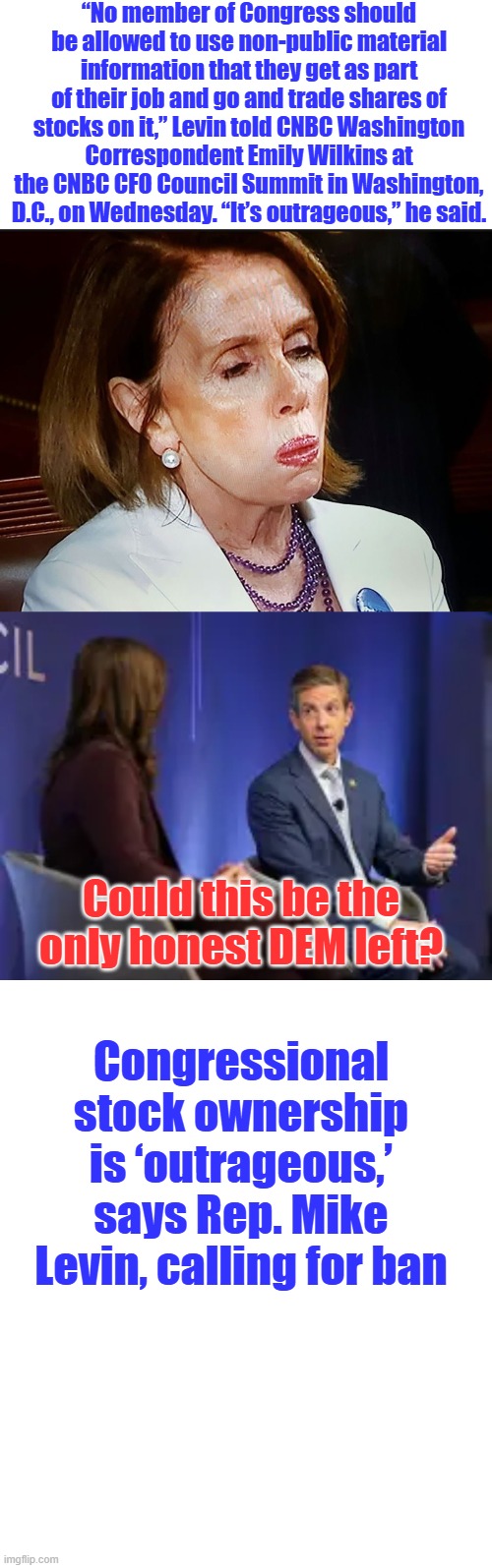 Any politician that gets rich in office IS CORRUPT its the only thing they have to sell. | “No member of Congress should be allowed to use non-public material information that they get as part of their job and go and trade shares of stocks on it,” Levin told CNBC Washington Correspondent Emily Wilkins at the CNBC CFO Council Summit in Washington, D.C., on Wednesday. “It’s outrageous,” he said. Could this be the only honest DEM left? Congressional stock ownership is ‘outrageous,’ says Rep. Mike Levin, calling for ban | image tagged in nancy pelosi pb sandwich | made w/ Imgflip meme maker