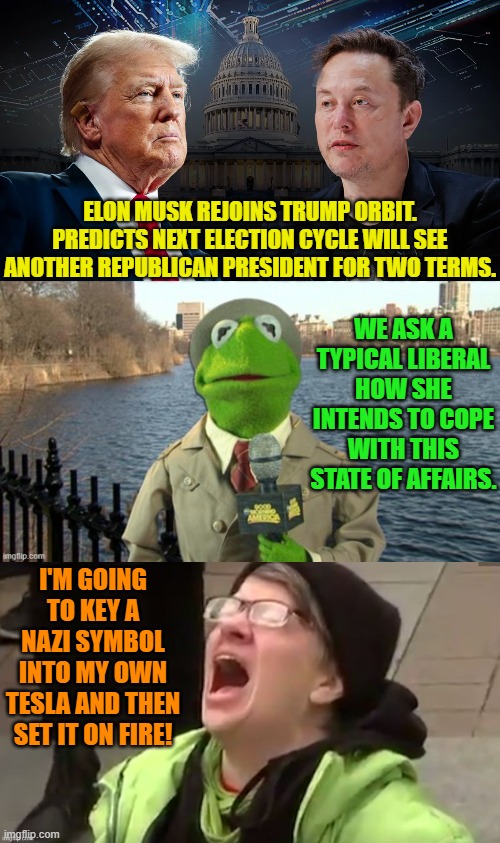 And then probably punch herself in the face . . . as is the way of the liberal. | ELON MUSK REJOINS TRUMP ORBIT. PREDICTS NEXT ELECTION CYCLE WILL SEE ANOTHER REPUBLICAN PRESIDENT FOR TWO TERMS. WE ASK A TYPICAL LIBERAL HOW SHE INTENDS TO COPE WITH THIS STATE OF AFFAIRS. I'M GOING TO KEY A NAZI SYMBOL INTO MY OWN TESLA AND THEN SET IT ON FIRE! | image tagged in yep | made w/ Imgflip meme maker