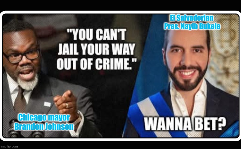 The ever stupid Chicago mayor | El Salvadorian  Pres. Nayib Bukele; Chicago mayor
Brandon Johnson | image tagged in crimes johnson,chicago,el salvador | made w/ Imgflip meme maker