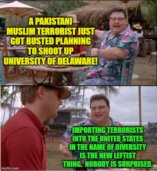So why do you Dems keep voting for this stuff? | A PAKISTANI MUSLIM TERRORIST JUST GOT BUSTED PLANNING TO SHOOT UP UNIVERSITY OF DELAWARE! IMPORTING TERRORISTS INTO THE UNITED STATES IN THE NAME OF DIVERSITY IS THE NEW LEFTIST THING.  NOBODY IS SURPRISED. | image tagged in see nobody cares | made w/ Imgflip meme maker