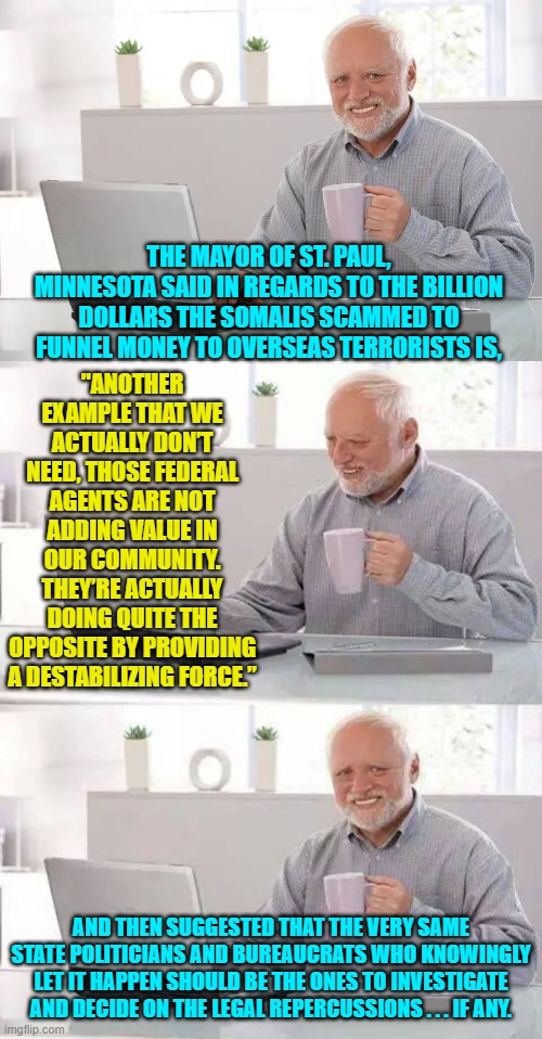 Yeah Buddy!  What could possibly go wrong? | "ANOTHER EXAMPLE THAT WE ACTUALLY DON’T NEED, THOSE FEDERAL AGENTS ARE NOT ADDING VALUE IN OUR COMMUNITY. THEY’RE ACTUALLY DOING QUITE THE OPPOSITE BY PROVIDING A DESTABILIZING FORCE.”; THE MAYOR OF ST. PAUL, MINNESOTA SAID IN REGARDS TO THE BILLION DOLLARS THE SOMALIS SCAMMED TO FUNNEL MONEY TO OVERSEAS TERRORISTS IS, AND THEN SUGGESTED THAT THE VERY SAME STATE POLITICIANS AND BUREAUCRATS WHO KNOWINGLY LET IT HAPPEN SHOULD BE THE ONES TO INVESTIGATE AND DECIDE ON THE LEGAL REPERCUSSIONS . . . IF ANY. | image tagged in hide the pain harold | made w/ Imgflip meme maker