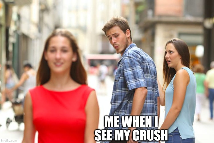 seeing my crush | ME WHEN I SEE MY CRUSH | image tagged in memes,distracted boyfriend | made w/ Imgflip meme maker