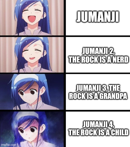 Jumanji Prediction | JUMANJI; JUMANJI 2, THE ROCK IS A NERD; JUMANJI 3, THE ROCK IS A GRANDPA; JUMANJI 4, THE ROCK IS A CHILD | image tagged in fumino omg 4 panel,jumanji | made w/ Imgflip meme maker