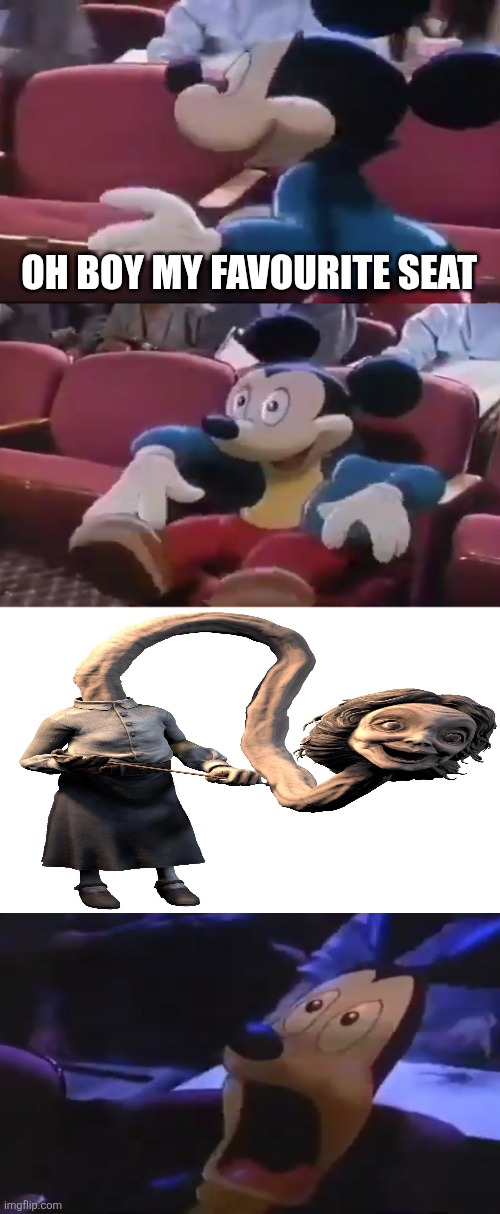 Poor Mickey Mouse gets scared of the Teacher from Little Nightmares | OH BOY MY FAVOURITE SEAT | image tagged in oh boy my favorite seat,teacher,little nightmares,monsters,bandai namco | made w/ Imgflip meme maker