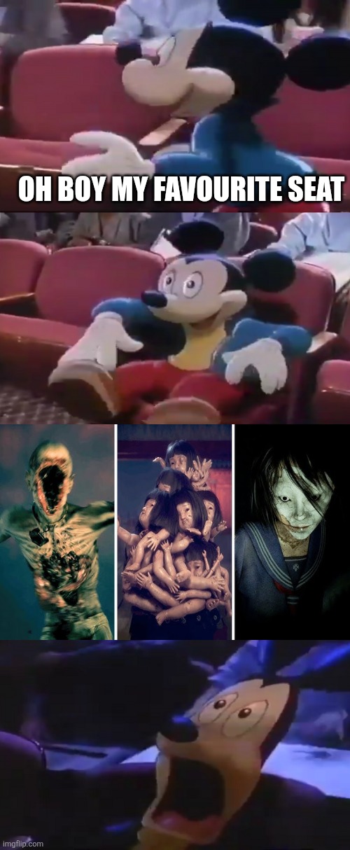 Poor Mickey gets frightened of those monsters from Silent Hill f | OH BOY MY FAVOURITE SEAT | image tagged in oh boy my favorite seat,silent hill,silent hill f,monsters,konami | made w/ Imgflip meme maker