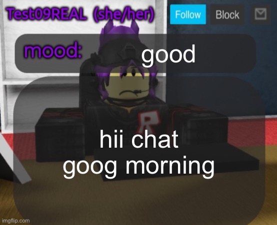 Test09 Jane Doe temp v2 | good; hii chat goog morning | image tagged in test09 jane doe temp v2 | made w/ Imgflip meme maker