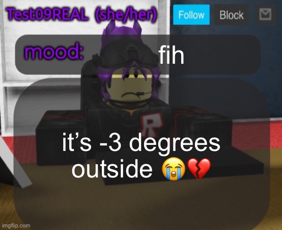 Test09 Jane Doe temp v2 | fih; it’s -3 degrees outside 😭💔 | image tagged in test09 jane doe temp v2 | made w/ Imgflip meme maker