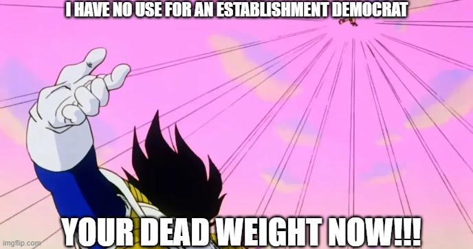 New York mayoral election in a nutshell! | I HAVE NO USE FOR AN ESTABLISHMENT DEMOCRAT; YOUR DEAD WEIGHT NOW!!! | image tagged in anime,political meme,funny | made w/ Imgflip meme maker