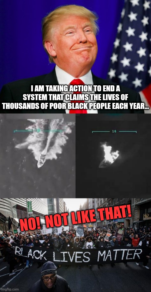 i thought they mattered | I AM TAKING ACTION TO END A SYSTEM THAT CLAIMS THE LIVES OF THOUSANDS OF POOR BLACK PEOPLE EACH YEAR... NO!  NOT LIKE THAT! | image tagged in trump smile,drig boat explosion,black lives matter | made w/ Imgflip meme maker