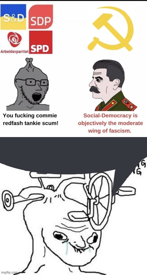 this makes no sense. response to r/marxistculture | image tagged in bike head tard,communism,fascism,democracy | made w/ Imgflip meme maker