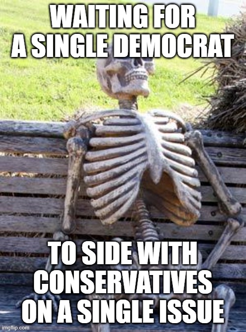 Waiting Skeleton | WAITING FOR A SINGLE DEMOCRAT; TO SIDE WITH CONSERVATIVES ON A SINGLE ISSUE | image tagged in memes,waiting skeleton | made w/ Imgflip meme maker