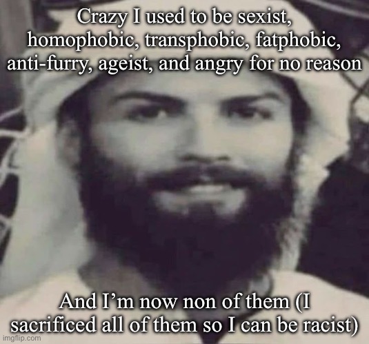 Character development? | Crazy I used to be sexist, homophobic, transphobic, fatphobic, anti-furry, ageist, and angry for no reason; And I’m now non of them (I sacrificed all of them so I can be racist) | image tagged in muslimano ronaldo | made w/ Imgflip meme maker