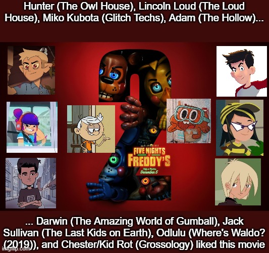 FNAF 2 Crossover Audience | Hunter (The Owl House), Lincoln Loud (The Loud House), Miko Kubota (Glitch Techs), Adam (The Hollow)... ... Darwin (The Amazing World of Gumball), Jack Sullivan (The Last Kids on Earth), Odlulu (Where's Waldo? (2019)), and Chester/Kid Rot (Grossology) liked this movie | image tagged in crossover,fnaf2,audience,everyone liked that | made w/ Imgflip meme maker