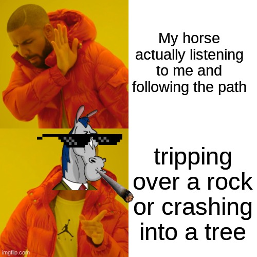 Rdr2 Horse meme | My horse actually listening to me and following the path; tripping over a rock or crashing into a tree | image tagged in memes,drake hotline bling | made w/ Imgflip meme maker