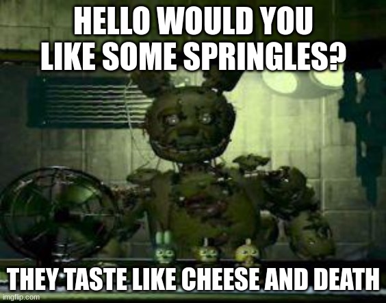 FNAF Springtrap in window | HELLO WOULD YOU LIKE SOME SPRINGLES? THEY TASTE LIKE CHEESE AND DEATH | image tagged in fnaf springtrap in window | made w/ Imgflip meme maker