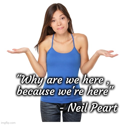 I don't know | "Why are we here , 
because we're here" - Neil Peart | image tagged in i don't know | made w/ Imgflip meme maker