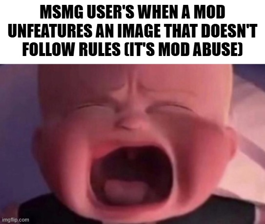 actually funny | MSMG USER'S WHEN A MOD UNFEATURES AN IMAGE THAT DOESN'T FOLLOW RULES (IT'S MOD ABUSE) | image tagged in boss baby crying | made w/ Imgflip meme maker