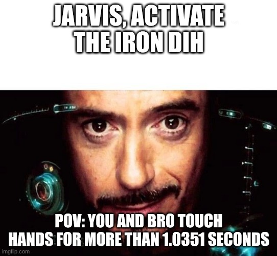 Iron Bros | JARVIS, ACTIVATE THE IRON DIH; POV: YOU AND BRO TOUCH HANDS FOR MORE THAN 1.0351 SECONDS | image tagged in meme,iron dih | made w/ Imgflip meme maker