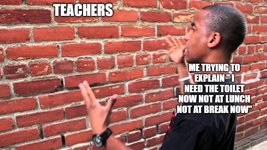 Talking to wall | TEACHERS; ME TRYING TO EXPLAIN " I NEED THE TOILET NOW NOT AT LUNCH NOT AT BREAK NOW" | image tagged in talking to wall | made w/ Imgflip meme maker