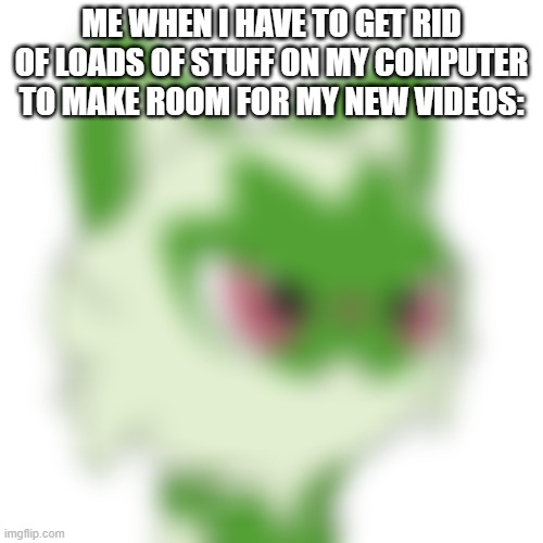 Angy | ME WHEN I HAVE TO GET RID OF LOADS OF STUFF ON MY COMPUTER TO MAKE ROOM FOR MY NEW VIDEOS: | image tagged in low quality unimpressed sprigatito,almost out of storage | made w/ Imgflip meme maker
