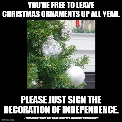 Leave Xmas Decor Up All Year | YOU’RE FREE TO LEAVE CHRISTMAS ORNAMENTS UP ALL YEAR. PLEASE JUST SIGN THE DECORATION OF INDEPENDENCE. (That means there will be No-clear dis-ornament agreements) | image tagged in black square,christmas,christmas decorations,puns,nuclear | made w/ Imgflip meme maker