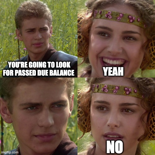 Sales Jokes | YOU'RE GOING TO LOOK FOR PASSED DUE BALANCE; YEAH; NO | image tagged in anakin padme 4 panel | made w/ Imgflip meme maker