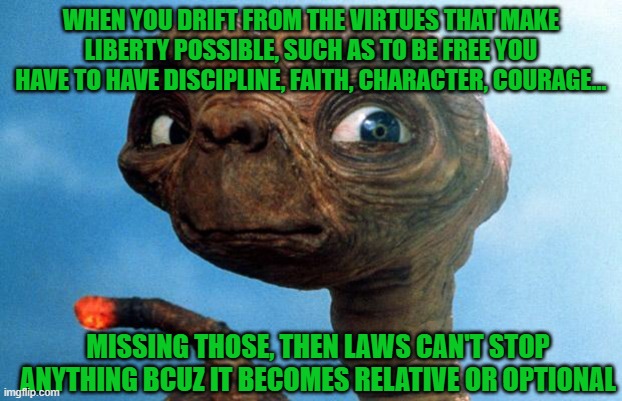Believing and working for freedom | WHEN YOU DRIFT FROM THE VIRTUES THAT MAKE LIBERTY POSSIBLE, SUCH AS TO BE FREE YOU HAVE TO HAVE DISCIPLINE, FAITH, CHARACTER, COURAGE... MISSING THOSE, THEN LAWS CAN'T STOP ANYTHING BCUZ IT BECOMES RELATIVE OR OPTIONAL | image tagged in freedom,public virtue,accountability,self control,self governance | made w/ Imgflip meme maker