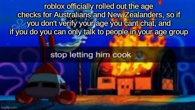 mind you that your age is verify by 3 pictures of your face | roblox officially rolled out the age checks for Australians and New Zealanders, so if you don't verify your age you cant chat, and if you do you can only talk to people in your age group | image tagged in stop letting him cook | made w/ Imgflip meme maker