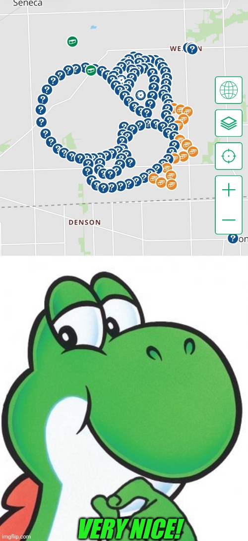 YOSHI GEOCACHE IN MICHIGAN | VERY NICE! | image tagged in thinking yoshi,geocache,geocaching,yoshi,nintendo | made w/ Imgflip meme maker