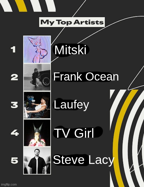 yall like my wrapped | Mitski; Frank Ocean; Laufey; TV Girl; Steve Lacy | made w/ Imgflip meme maker